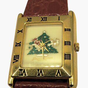 Jacques Farel Christmas Watch Gold Tone Roman Numerals Genuine Red Leather Strap